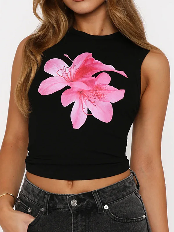 Skinny Sleeveless Flower Print Round-Neck Vest Top - Image 2