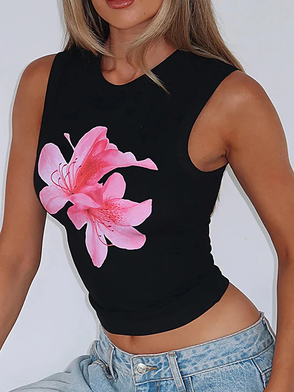 Skinny Sleeveless Flower Print Round-Neck Vest Top - Image 3