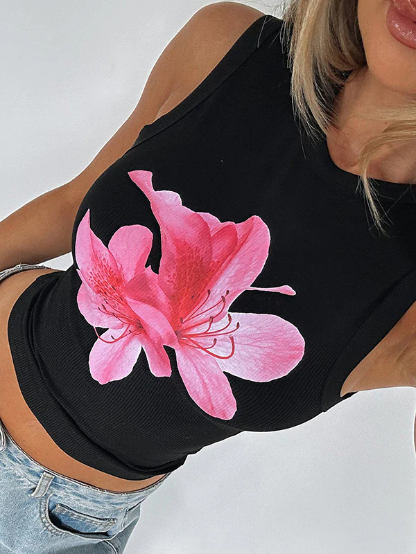 Skinny Sleeveless Flower Print Round-Neck Vest Top - Image 4