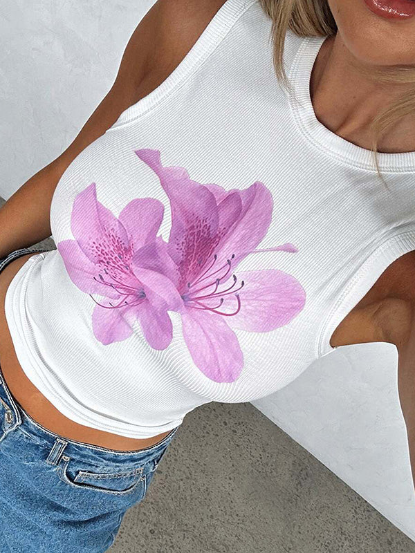Skinny Sleeveless Flower Print Round-Neck Vest Top - Image 5