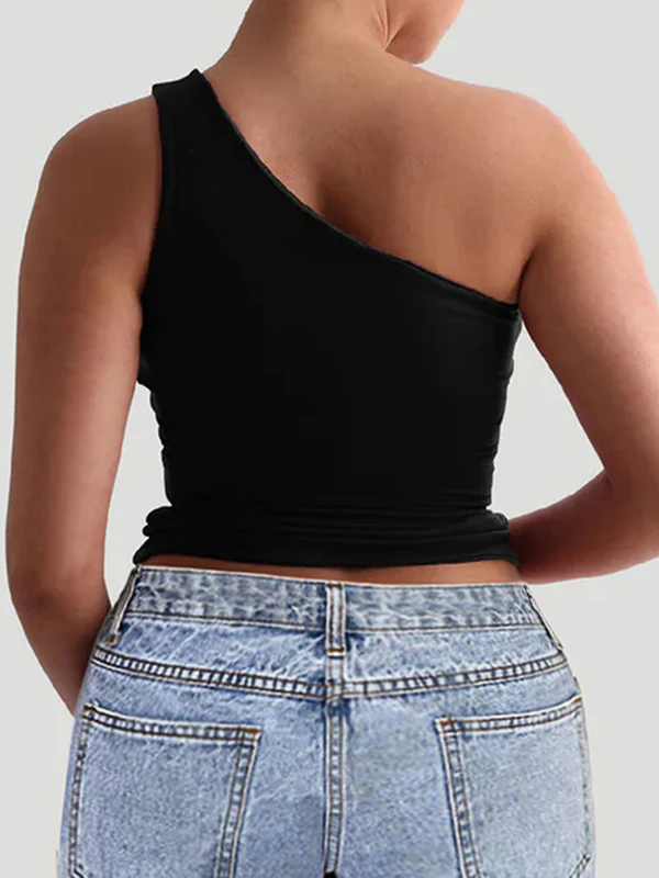 Skinny Sleeveless Solid Color One-Shoulder Vest Top - Image 10