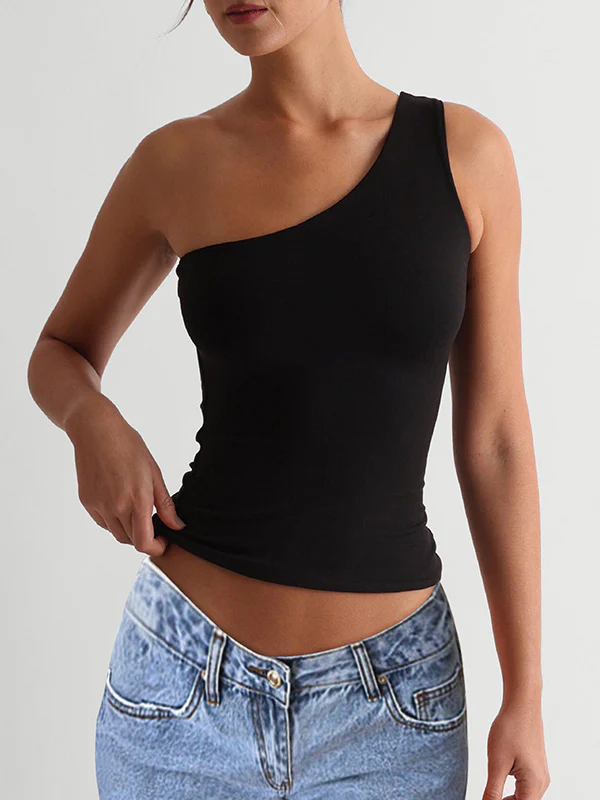 Skinny Sleeveless Solid Color One-Shoulder Vest Top - Image 2