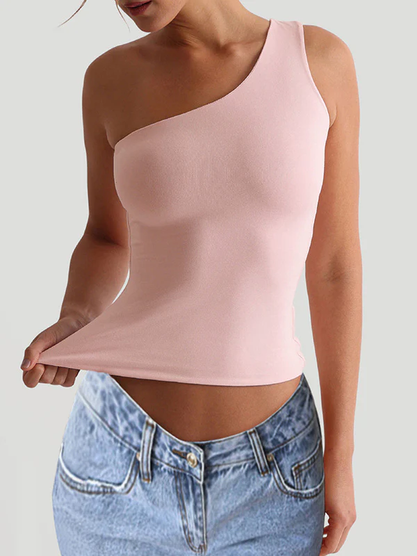 Skinny Sleeveless Solid Color One-Shoulder Vest Top - Image 3