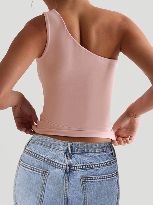 Skinny Sleeveless Solid Color One-Shoulder Vest Top - Image 4