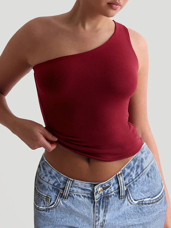 Skinny Sleeveless Solid Color One-Shoulder Vest Top - Image 5