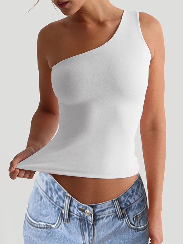 Skinny Sleeveless Solid Color One-Shoulder Vest Top - Image 8