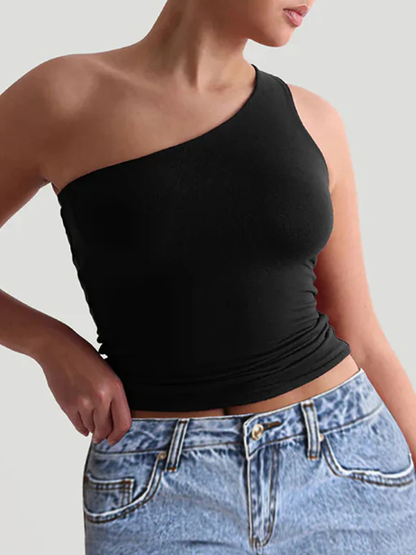 Skinny Sleeveless Solid Color One-Shoulder Vest Top - Image 9