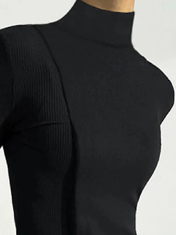 Skinny Solid Color Split-Joint High Neck T-shirts - Image 2