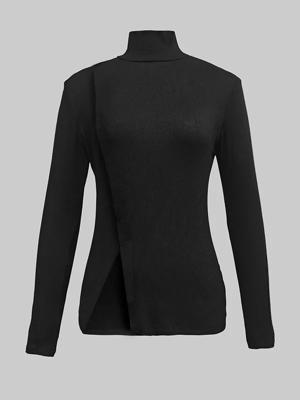 Skinny Solid Color Split-Joint High Neck T-shirts - Image 4