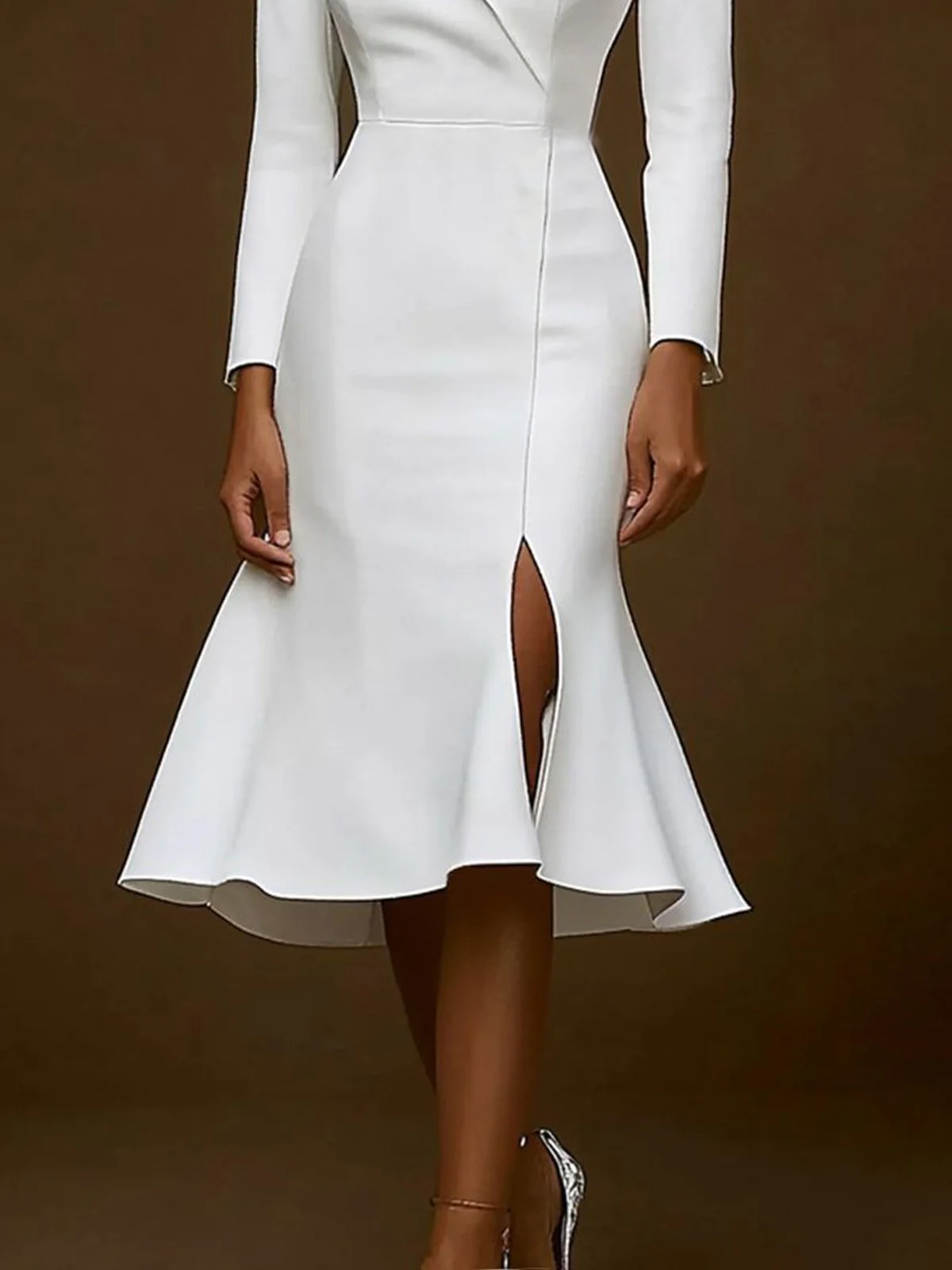 Skinny Wrap Solid Color Notched Collar Midi Dresses - Image 3
