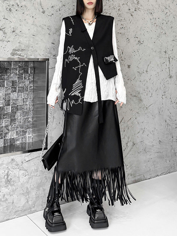 Sleeveless Asymmetric Buttoned Embroidered V-Neck Vest Top - Image 10