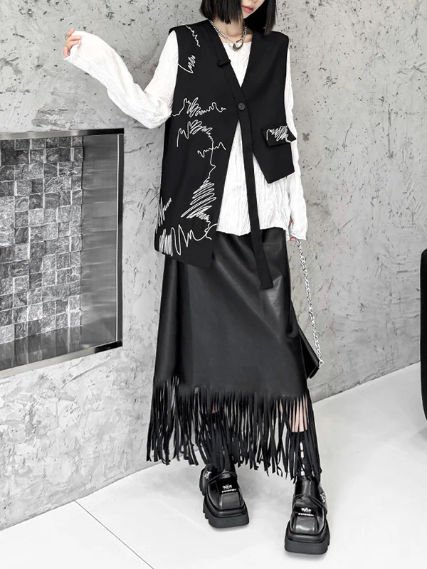 Sleeveless Asymmetric Buttoned Embroidered V-Neck Vest Top - Image 11
