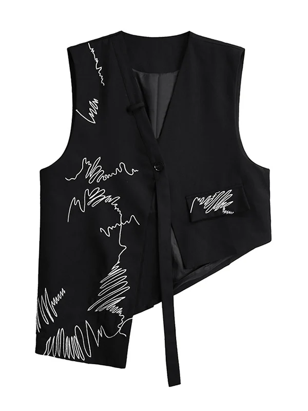 Sleeveless Asymmetric Buttoned Embroidered V-Neck Vest Top - Image 13