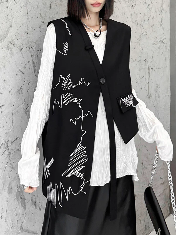 Sleeveless Asymmetric Buttoned Embroidered V-Neck Vest Top - Image 2