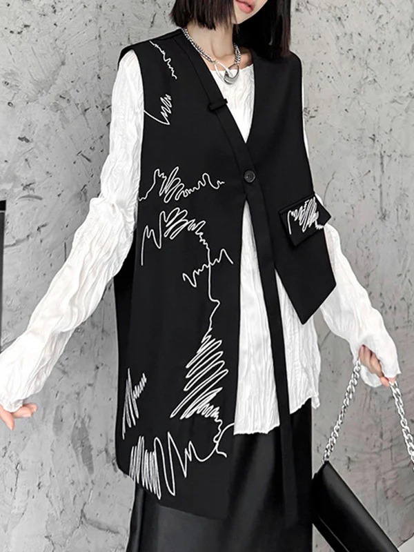 Sleeveless Asymmetric Buttoned Embroidered V-Neck Vest Top - Image 3