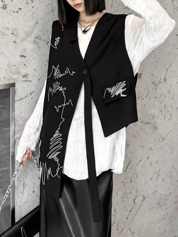 Sleeveless Asymmetric Buttoned Embroidered V-Neck Vest Top - Image 4