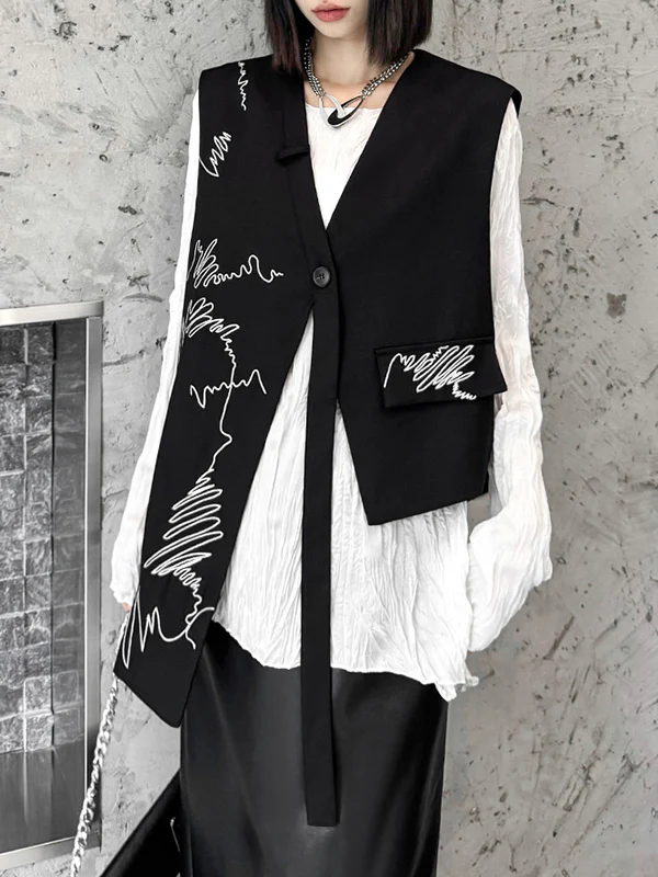 Sleeveless Asymmetric Buttoned Embroidered V-Neck Vest Top - Image 5