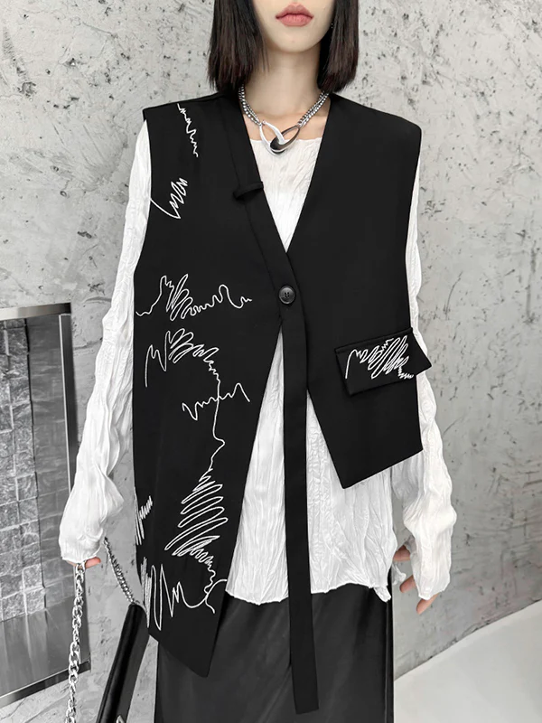 Sleeveless Asymmetric Buttoned Embroidered V-Neck Vest Top - Image 6