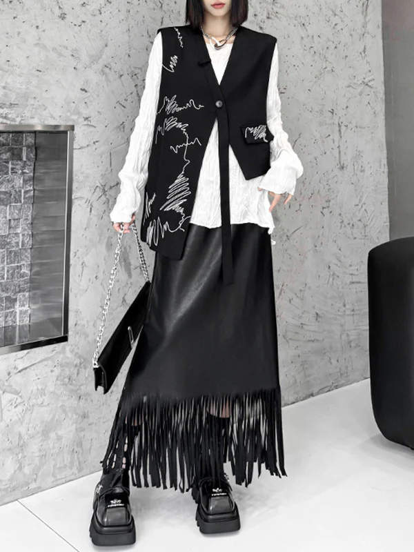 Sleeveless Asymmetric Buttoned Embroidered V-Neck Vest Top - Image 8
