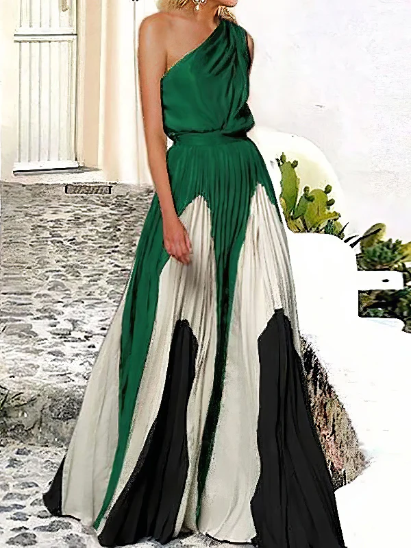 Sleeveless Asymmetric Pleated Printed One-Shoulder Maxi Dresses - Image 2