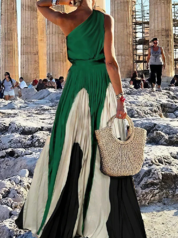Sleeveless Asymmetric Pleated Printed One-Shoulder Maxi Dresses - Image 3