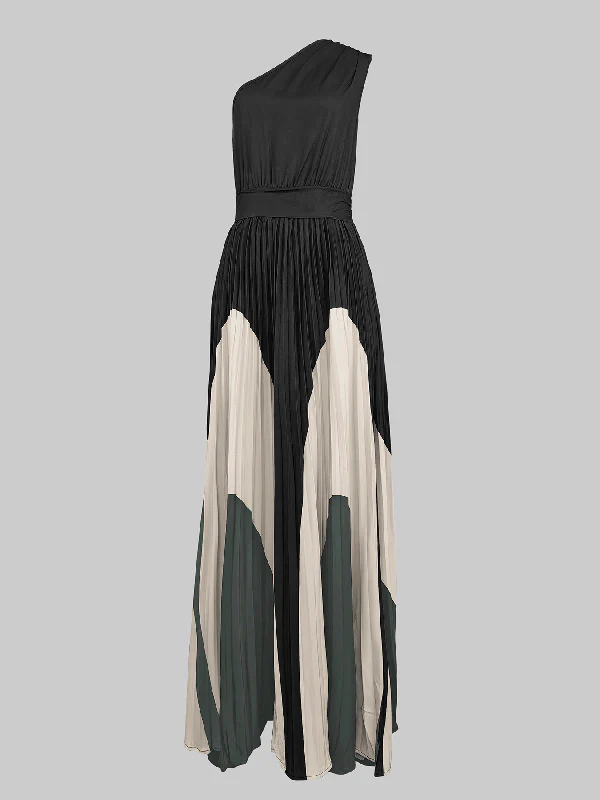 Sleeveless Asymmetric Pleated Printed One-Shoulder Maxi Dresses - Image 4