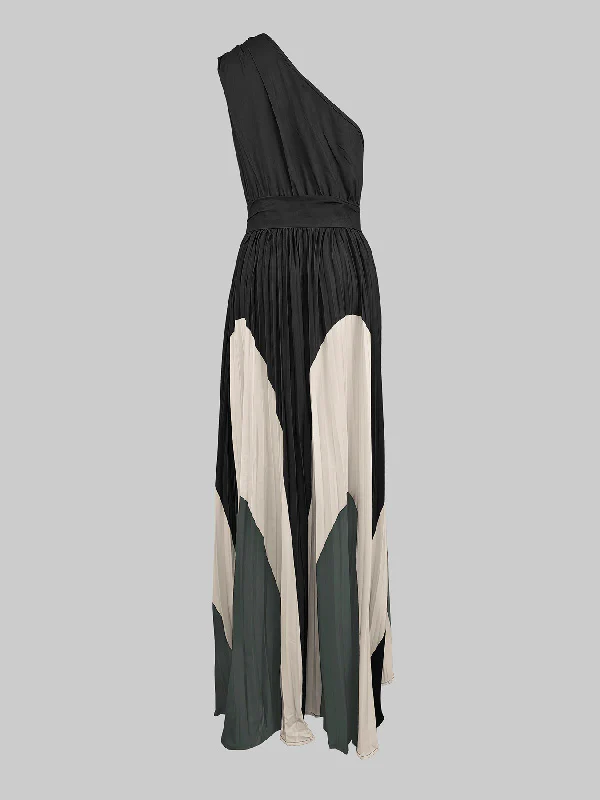 Sleeveless Asymmetric Pleated Printed One-Shoulder Maxi Dresses - Image 5