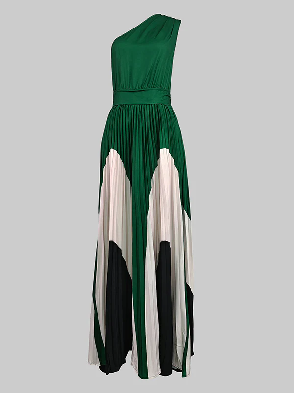 Sleeveless Asymmetric Pleated Printed One-Shoulder Maxi Dresses - Image 6