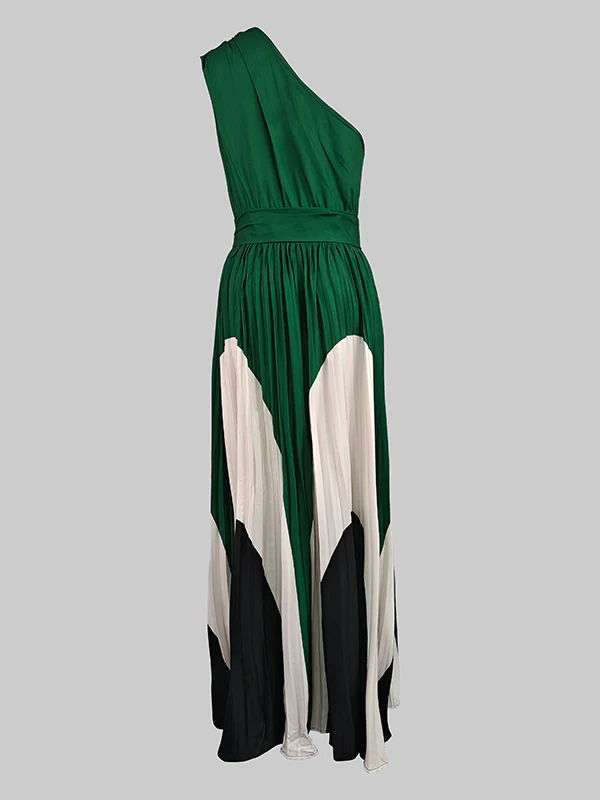 Sleeveless Asymmetric Pleated Printed One-Shoulder Maxi Dresses - Image 8