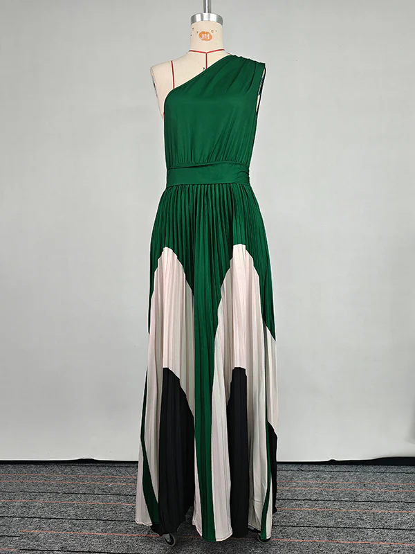 Sleeveless Asymmetric Pleated Printed One-Shoulder Maxi Dresses - Image 9