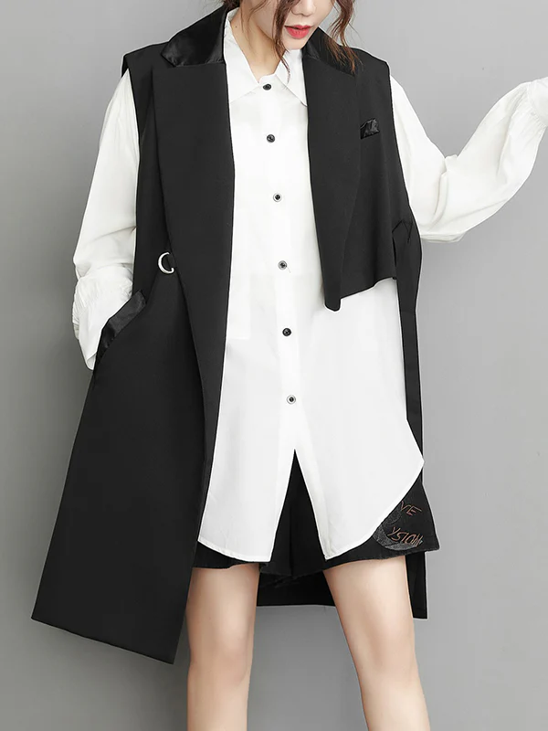 Sleeveless Asymmetric Pockets Tied Notched Collar Vest Outerwear - Image 2