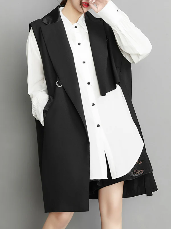 Sleeveless Asymmetric Pockets Tied Notched Collar Vest Outerwear - Image 3