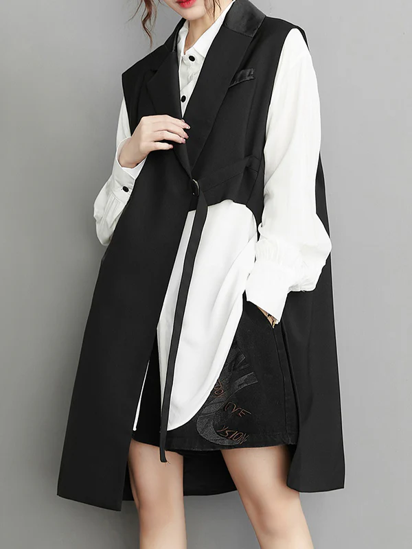 Sleeveless Asymmetric Pockets Tied Notched Collar Vest Outerwear - Image 4