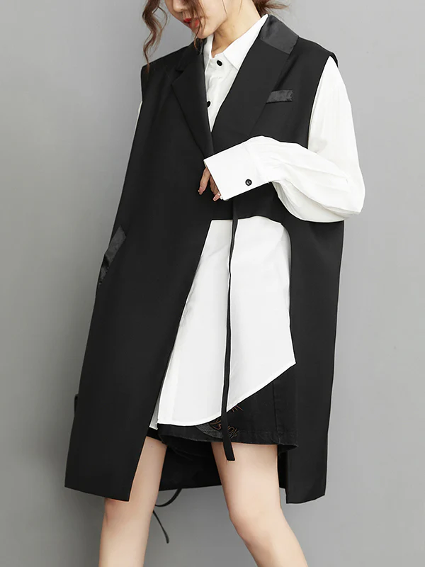Sleeveless Asymmetric Pockets Tied Notched Collar Vest Outerwear - Image 5