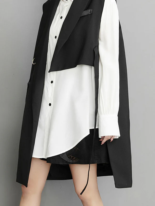Sleeveless Asymmetric Pockets Tied Notched Collar Vest Outerwear - Image 6