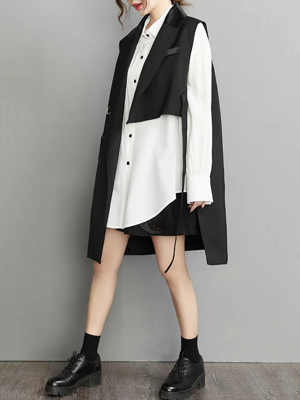 Sleeveless Asymmetric Pockets Tied Notched Collar Vest Outerwear - Image 7