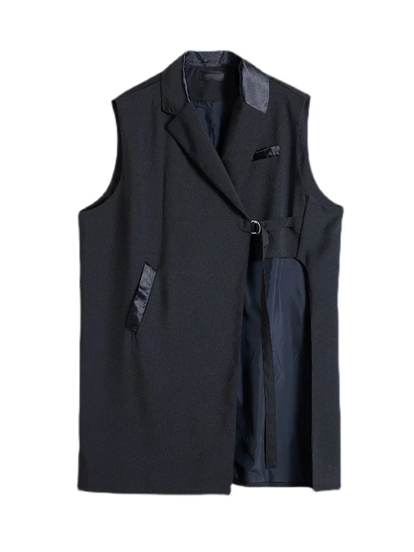 Sleeveless Asymmetric Pockets Tied Notched Collar Vest Outerwear - Image 8