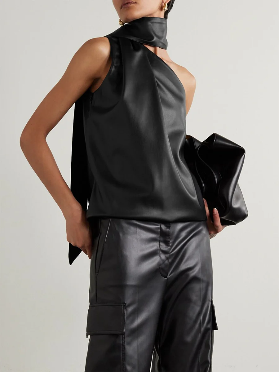 Sleeveless Asymmetric Solid Color High Neck Vest Top