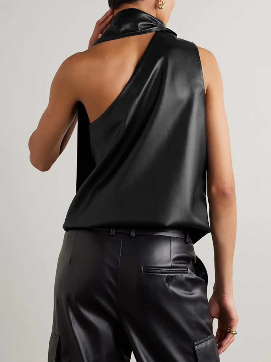 Sleeveless Asymmetric Solid Color High Neck Vest Top - Image 2