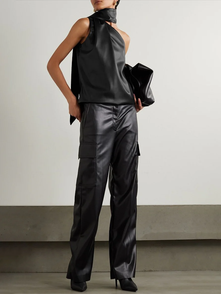 Sleeveless Asymmetric Solid Color High Neck Vest Top - Image 3