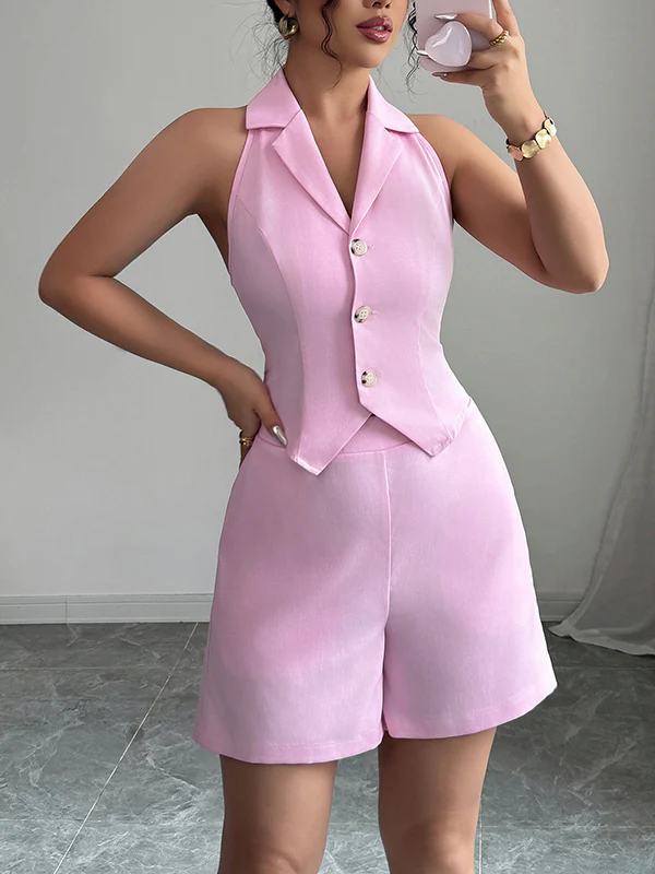 Sleeveless Backless Buttoned Solid Color Tied Notched Collar Vest Top + Elasticity Pockets Shorts Bottom Two Pieces Set - Image 2