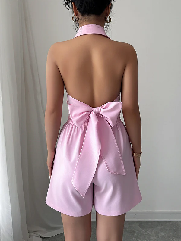 Sleeveless Backless Buttoned Solid Color Tied Notched Collar Vest Top + Elasticity Pockets Shorts Bottom Two Pieces Set - Image 5
