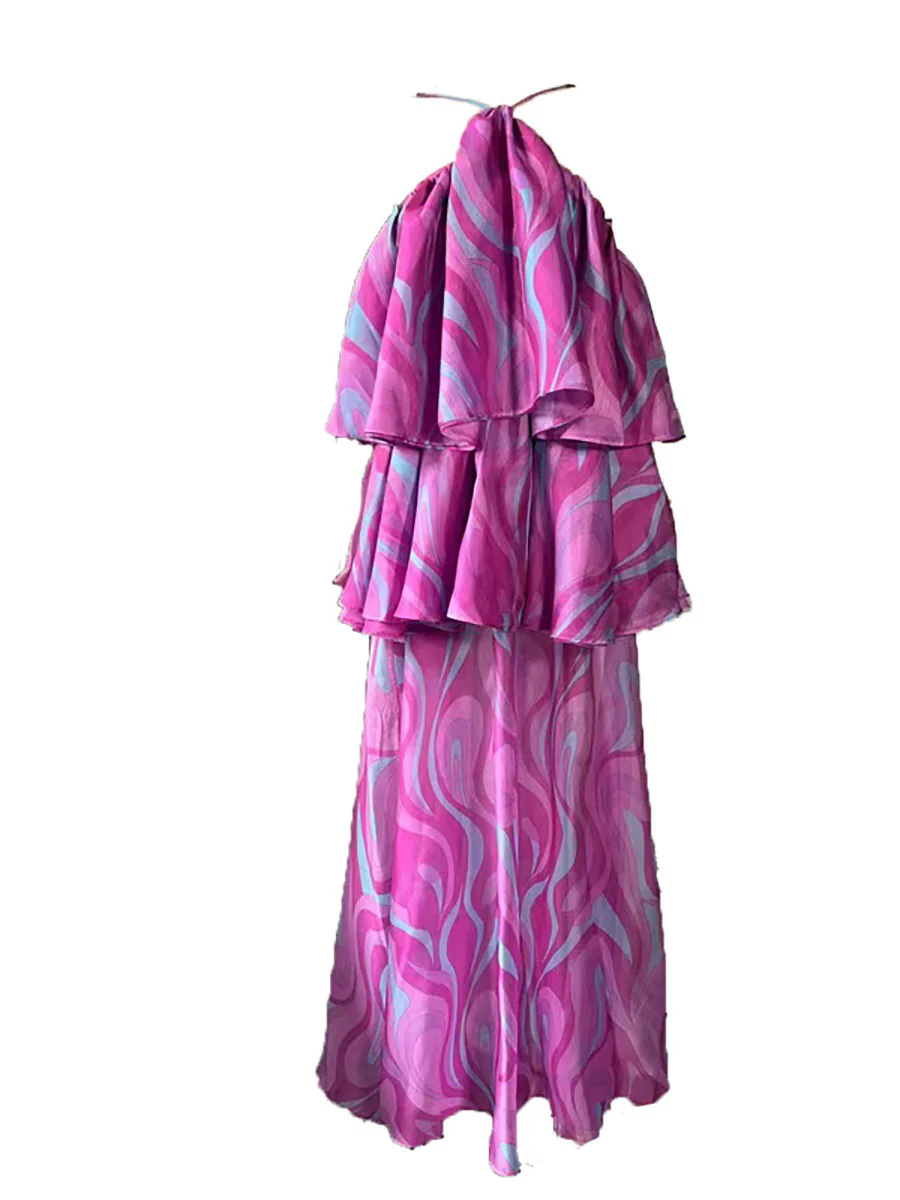 Sleeveless Backless Printed Ruffled Halter-Neck Maxi Dresses - Image 4