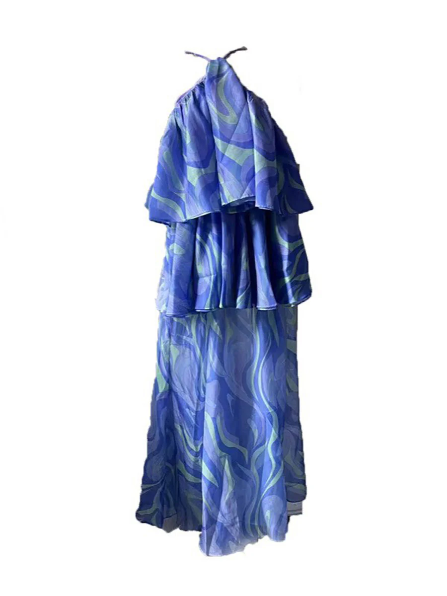 Sleeveless Backless Printed Ruffled Halter-Neck Maxi Dresses - Image 5