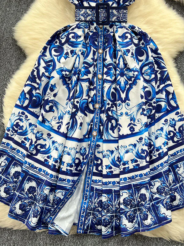 Sleeveless Belt Buckle Buttoned Contrast Color Floral Printed Midi Dresses - Image 10