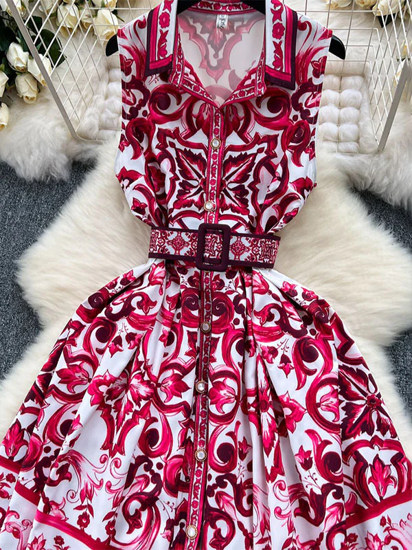 Sleeveless Belt Buckle Buttoned Contrast Color Floral Printed Midi Dresses - Image 11