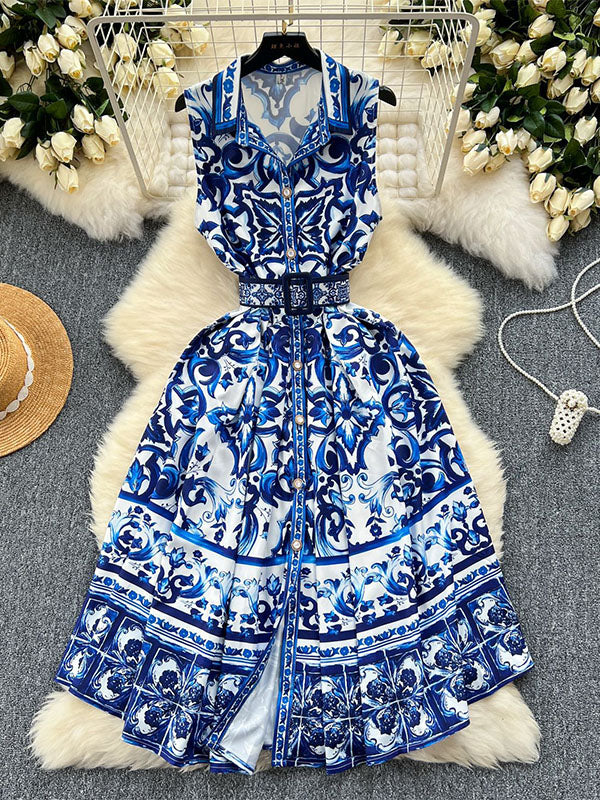 Sleeveless Belt Buckle Buttoned Contrast Color Floral Printed Midi Dresses - Image 2