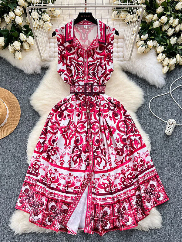 Sleeveless Belt Buckle Buttoned Contrast Color Floral Printed Midi Dresses - Image 3