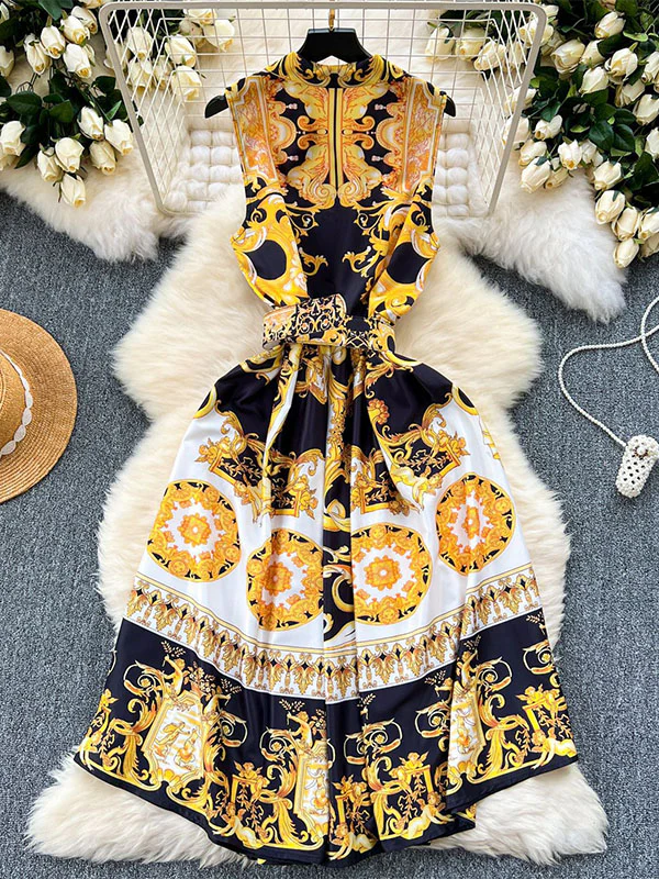 Sleeveless Belt Buckle Buttoned Contrast Color Floral Printed Midi Dresses - Image 4