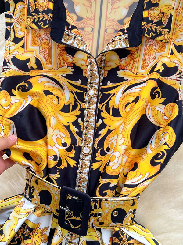 Sleeveless Belt Buckle Buttoned Contrast Color Floral Printed Midi Dresses - Image 6